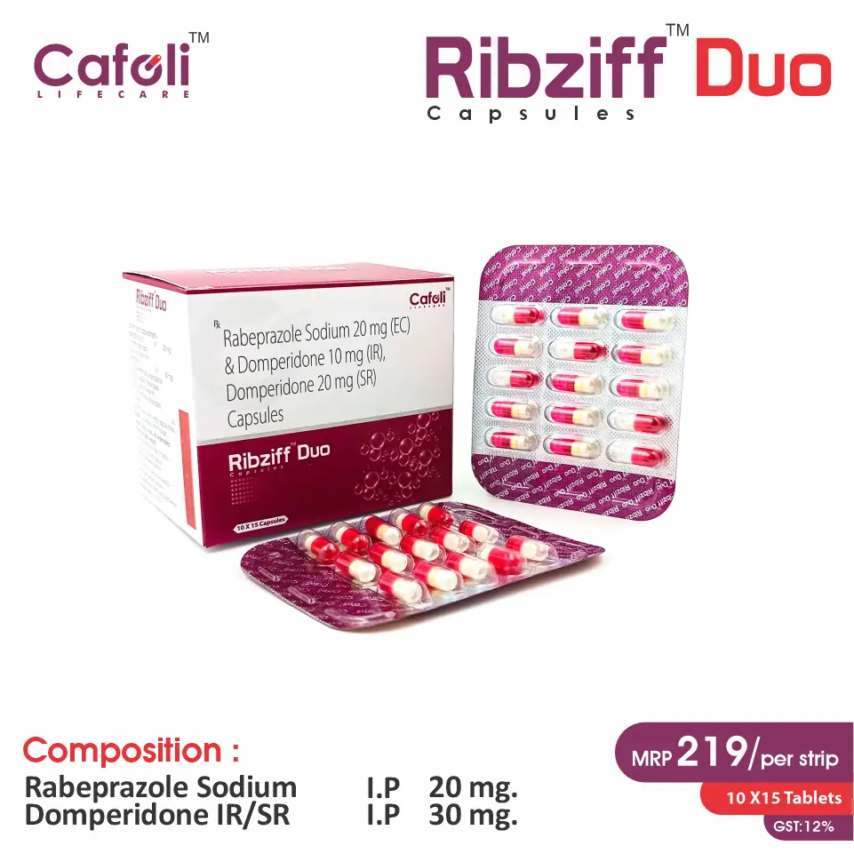 Rabeprazole Sodium + Domperidone + Domperidone  Capsule at the best price in PCD Pharma Franchise for Proton Pump Inhibitor, Acid Reduction and Gastroesophageal Reflux.